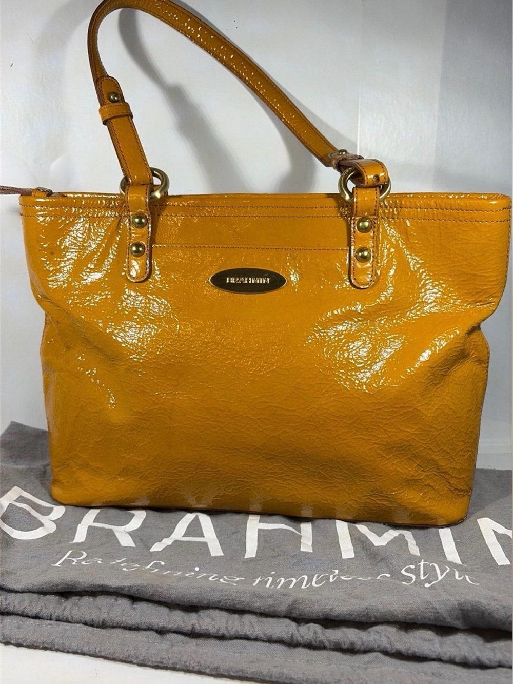 Brahmin Glossy Patent Mustard Tote